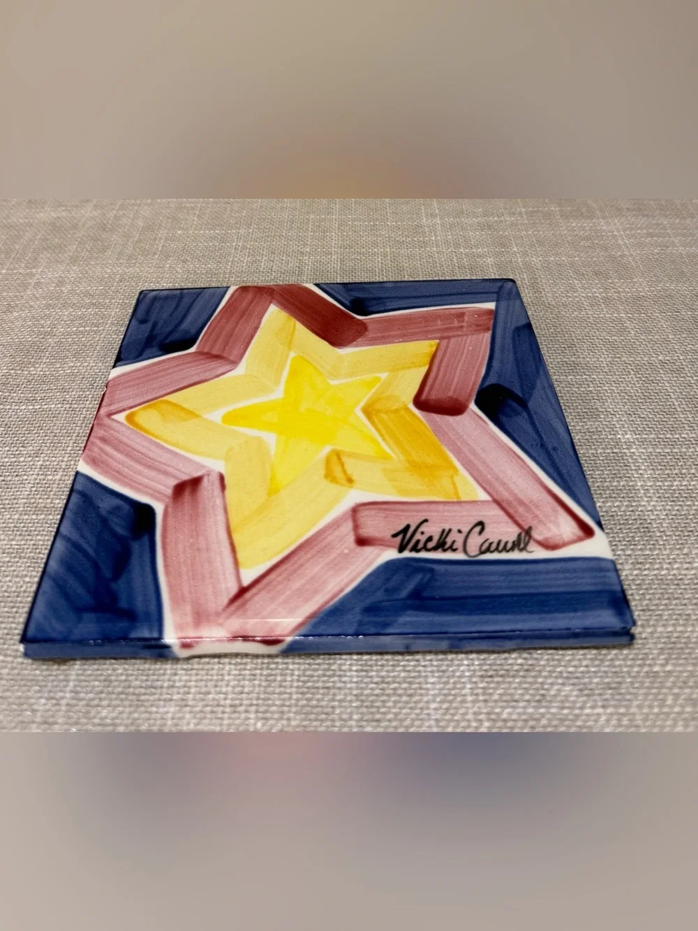 Vtg Vicki Carroll MS Studio Art Hand Painted Ceramic Star Tile Trivet 6